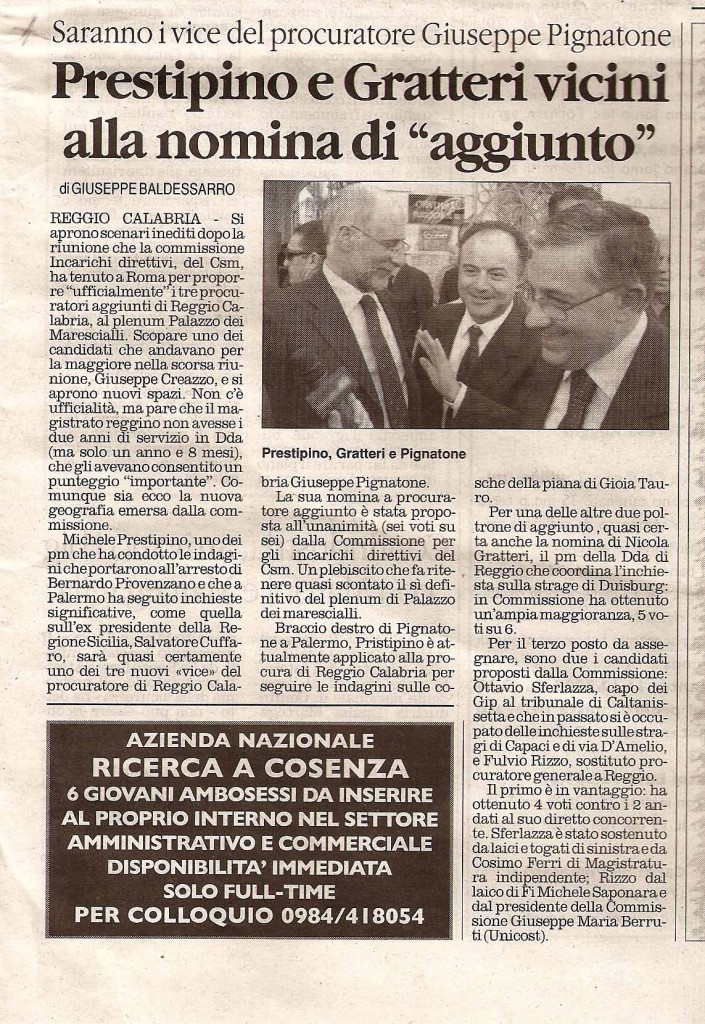 Prestigiacomo e Gratteri vicini alla nomina di "aggiunto"