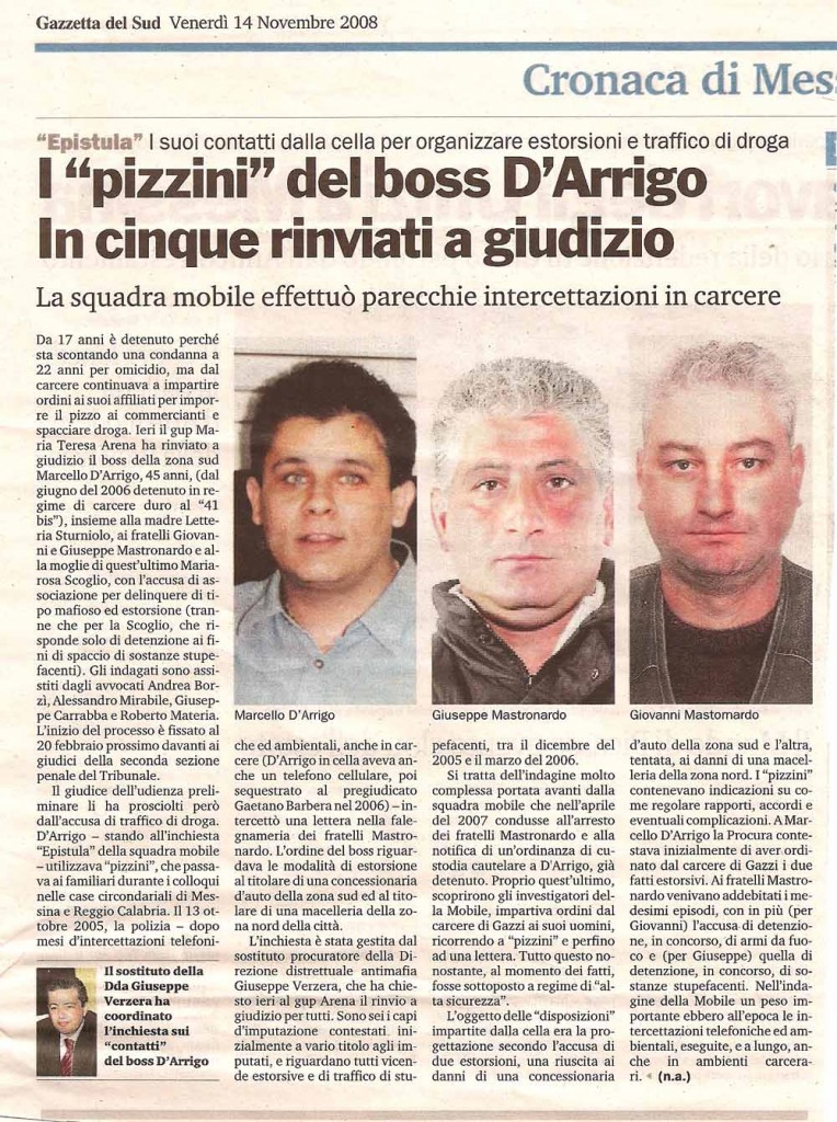 I "pizzini" del boss D'Arrigo. In Cinque rinviati a giudizio