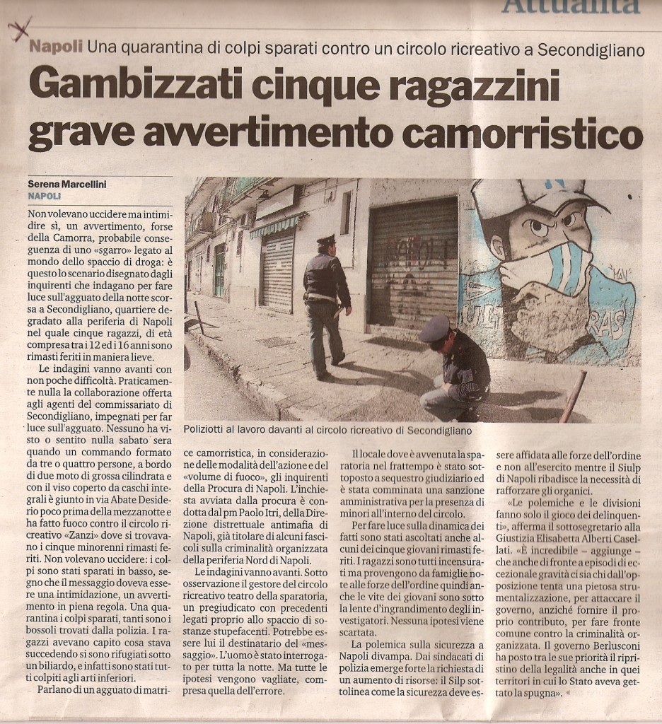 Gambizzati cinque ragazzini grave avvertimento camorristico