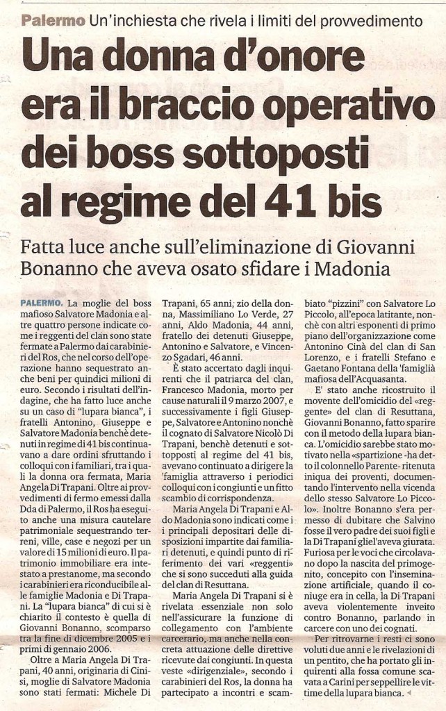 Una donna d'onore era il braccio operativo dei boss sottoposti al regime del 41 bis
