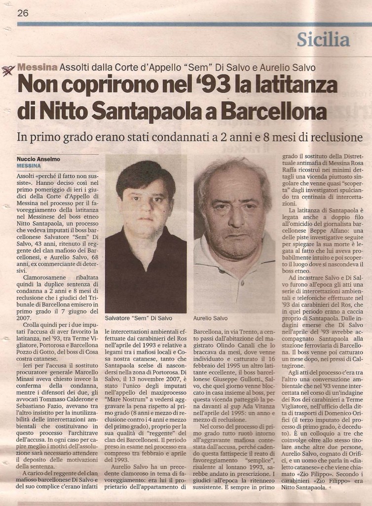 Non coprirono nel '93 la latitanza di Nitto Santapaola a Barcellona