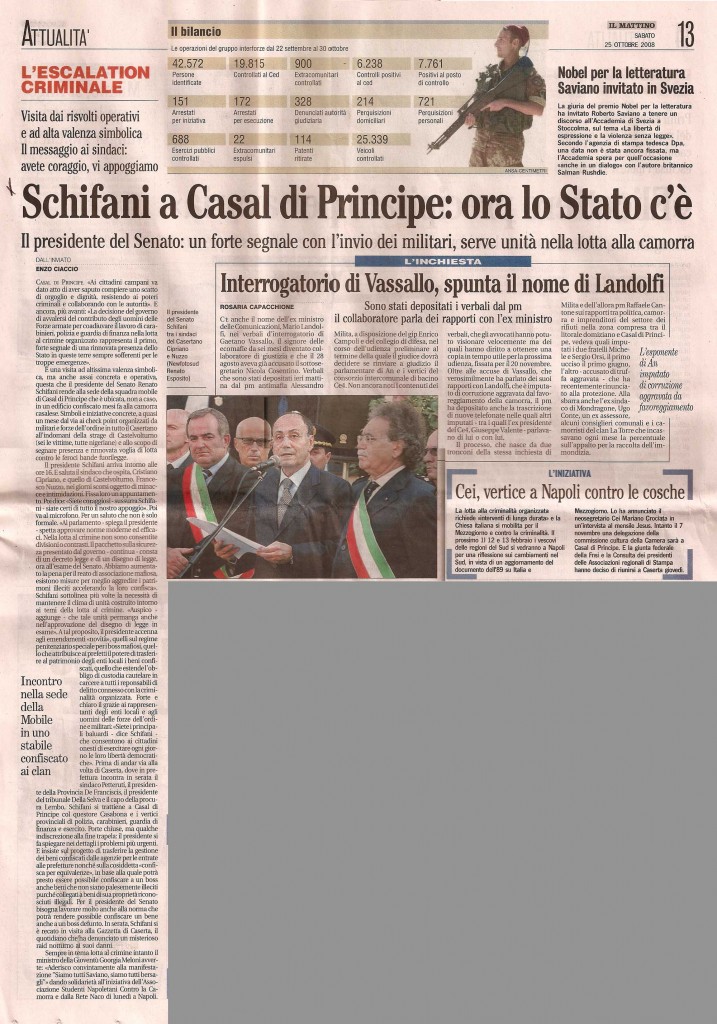 Schifani a Casal di Principe: ora lo stato c'è