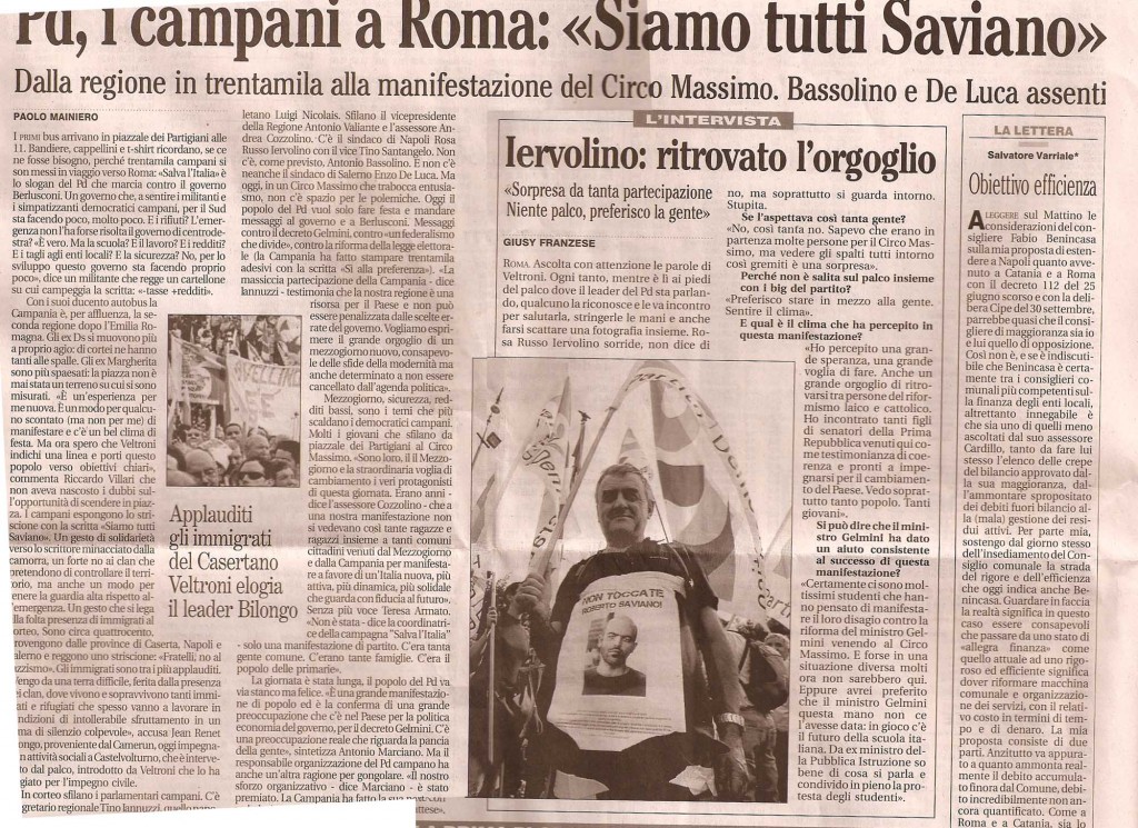 Pd, i campani a Roma "siamo tutti Saviano"