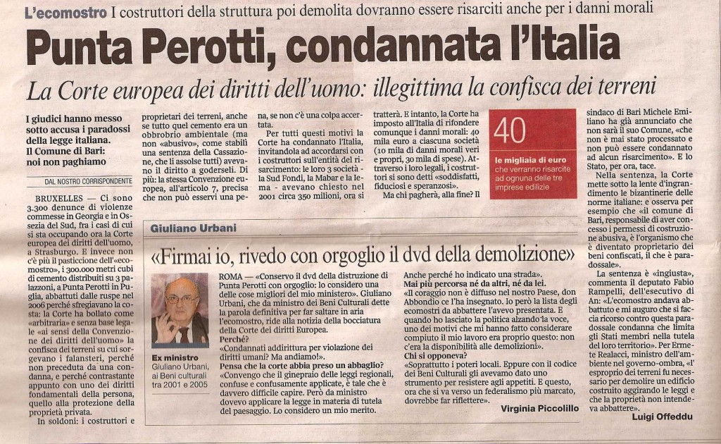 Punta Perotti, condannata l'Italia