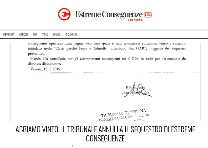 EstremeConseguenze, il tribunale di Verona dissequestra l’intervista