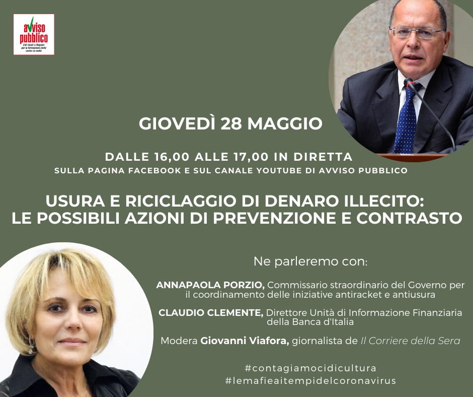 Usura e riciclaggio, 28/5 con Avviso Pubblico