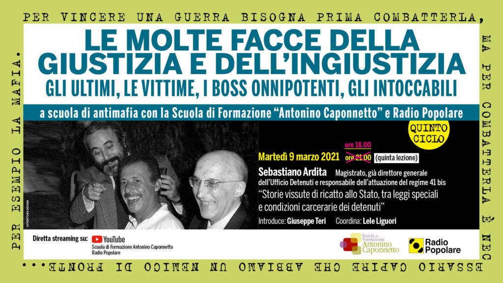 Martedì 9 marzo, “Storie vissute di ricatto allo Stato” con Sebastiano Ardita
