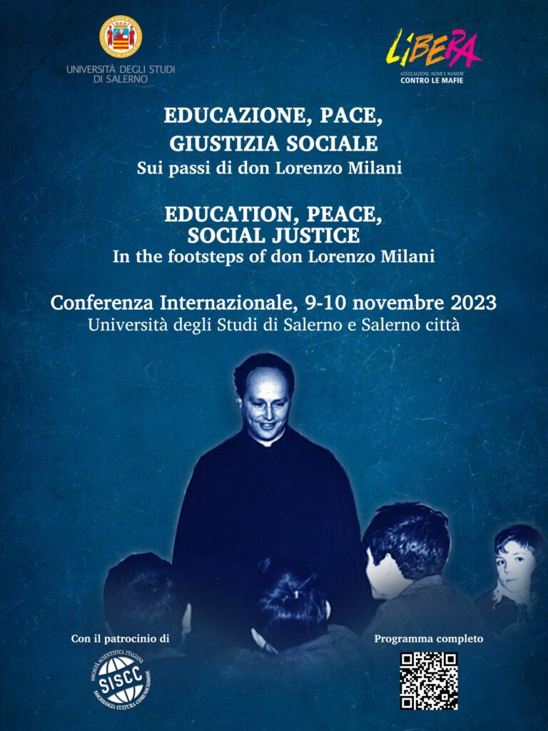 Locandina educazione pace giustizia sociale. sui passi di don lorenzo milani