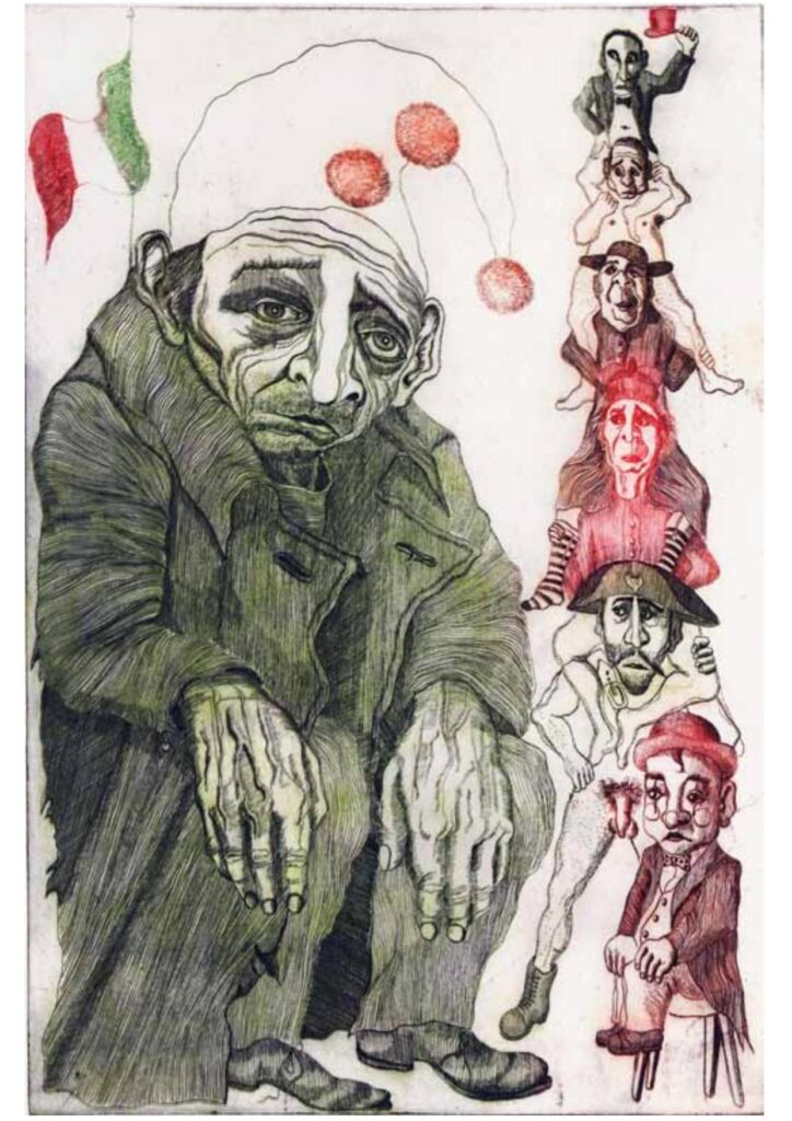 37 Agonia di un buffone nel Sud 1975 Acquaforte 47x32