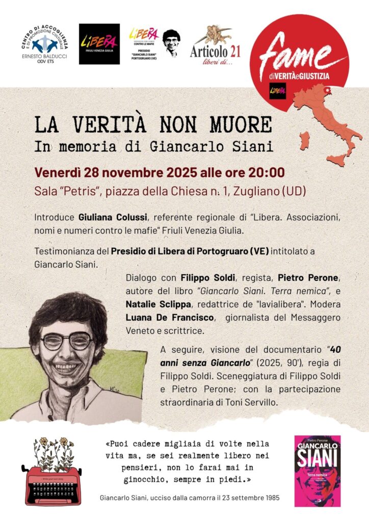 Zugliano (UD), venerdì 28/11: “La verità non muore. In memoria di Giancarlo Siani”