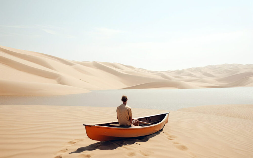 Generative AI Illustration of an unrecognizable man inside a wooden boat in the middle of the desert in a minimalist and surreal dream image. Conceptual artwork about the world of dreams